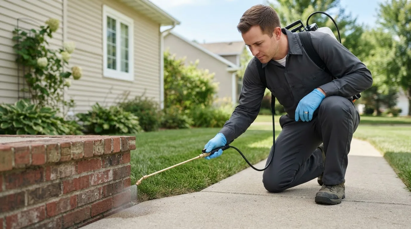 Pest control technician treating a home near Bakerstown, PA